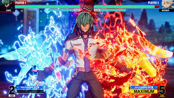 A screenshot of King Of Fighters XV showing Shun’ei, wearing a short sleeved shirt, tie, wallet chain and mini cape, wielding red and blue spectral… hands? Wings? He looks like a magic skate punk bus driver, honestly.