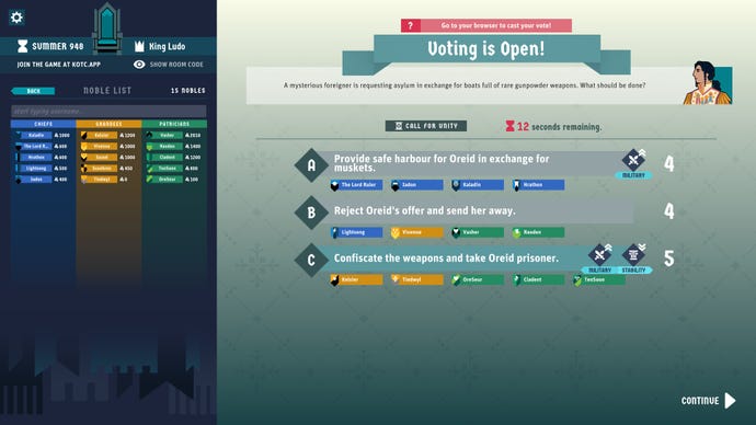 A voting screen in King Of The Castle, where nobles are voting on whether to provide safe harbour for Oreid in exchange for muskets, to reject her offer and send her away, or confiscate her and take her prisoner.