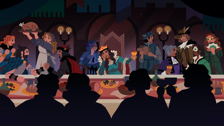 The monarch slouches on a table full of nobles in King Of The Castle.