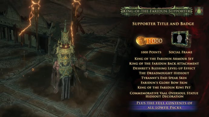 A description of the contents of the King of the Faridun Path of Exile 2 Supporter Pack.