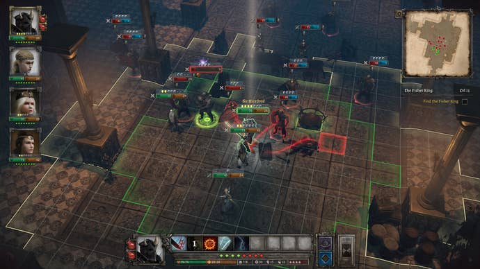 A battle inside a large castle in King Arthur: Knight’s Tale. A grid spans the play area, with goodies outlined in green, and the swarm of humanoid enemies in red.