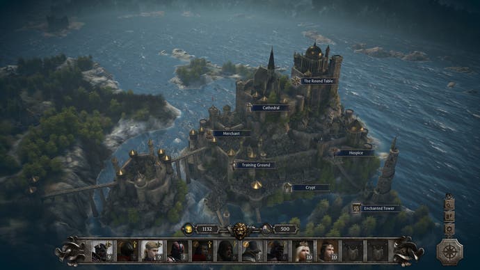 A zoomed out image of the legendary Camelot: your base in King Arthur: Knight's Tale. It's perched on a cliff surrounded by the sea.