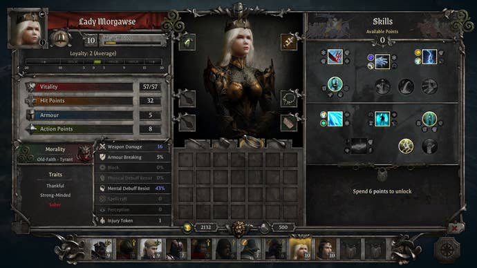 A character sheet for Lady Morgawse in King Arthur: Knight’s Tale. It shows her various statistics as well as abilities, equipment and loyalty towards you.