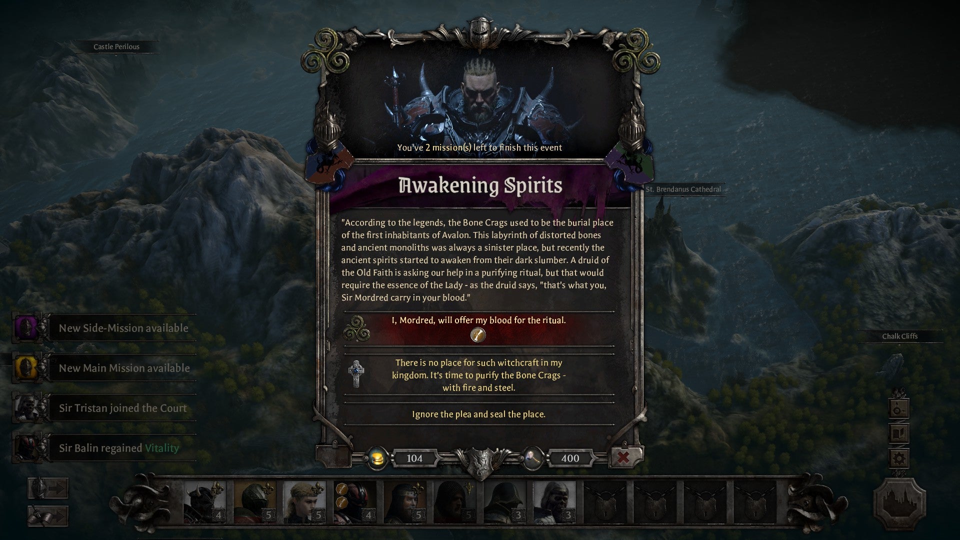 A pop-up, multiple choice event in King Arthur: Knight&rsquo;s Tale. A box with a few outcomes - in this case one is offering Mordred&rsquo;s blood.