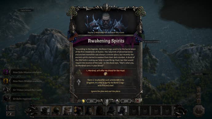 A pop-up, multiple choice event in King Arthur: Knight’s Tale. A box with a few outcomes - in this case one is offering Mordred’s blood.