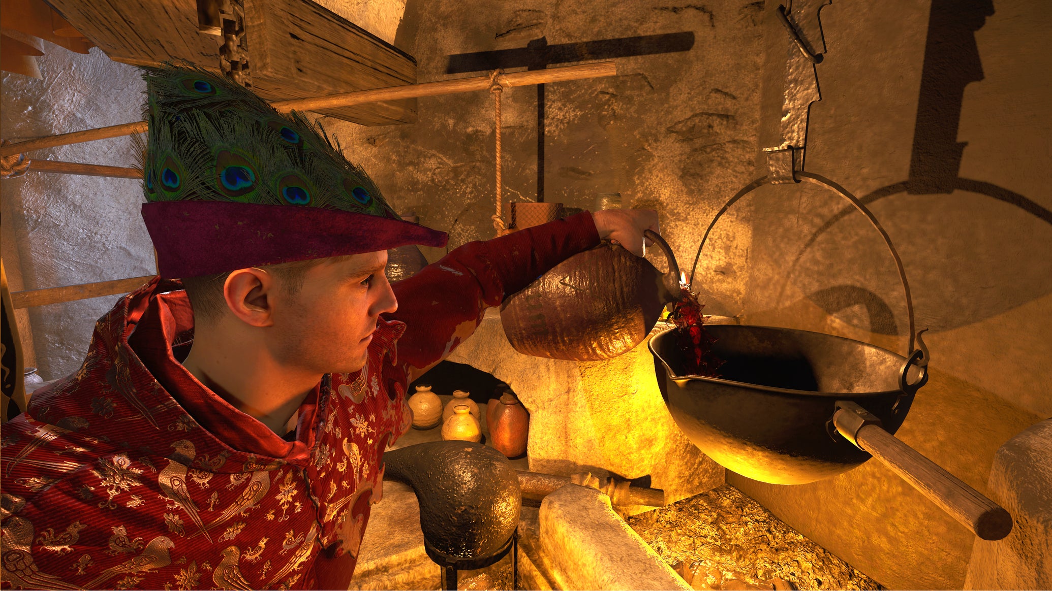 Henry, the main protagonist in Kingdom Come: Deliverance 2, pours wine from a jar into a cauldron at an Alchemy Bench. - 1