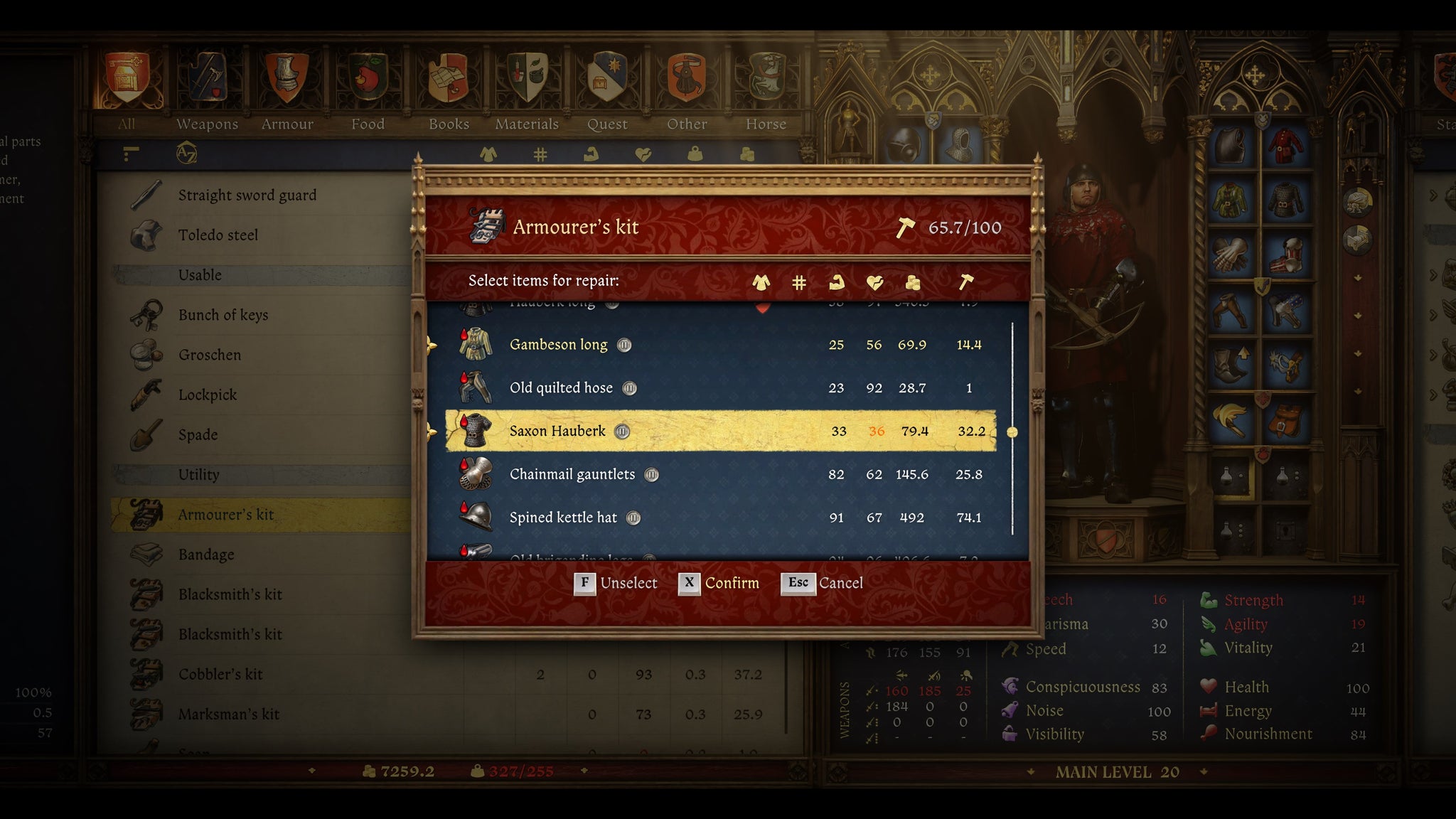 The armour repair screen in Kingdom Come: Deliverance 2, showing the player selecting armour to repair using an Armourer's Kit. - 4