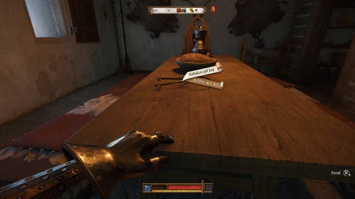 Henry stealing the jail keys off a wooden table during the Back in the Saddle quest in Kingdom Come Deliverance 2.