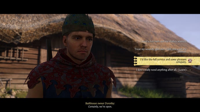 Henry se prepara para elegir una opción de servicio en una casa de baños en Kingdom Come: Deliverance 2.