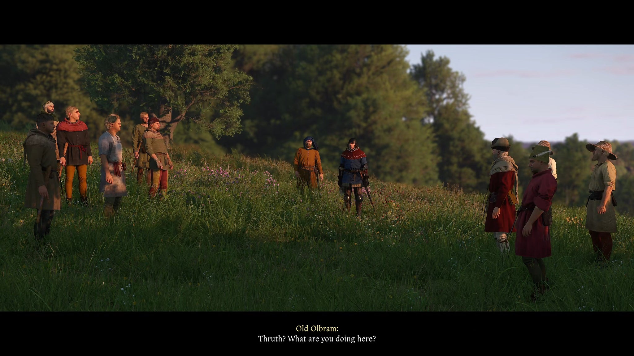 Bailiff Thrush interrupts a meeting between two groups of villagers in a pasture in Kingdom Come: Deliverance 2. - 6