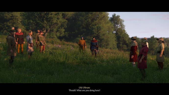 Bailiff Thrush interrupts a meeting between two groups of villagers in a pasture in Kingdom Come: Deliverance 2.