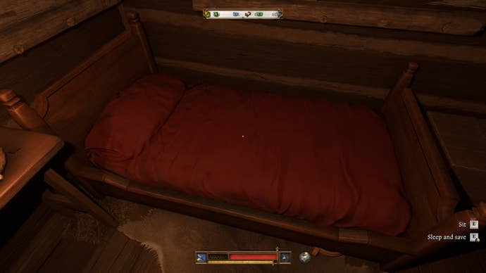 The player in Kingdom Come: Deliverance 2 looks down at a bed with red bedsheets in a bedroom.