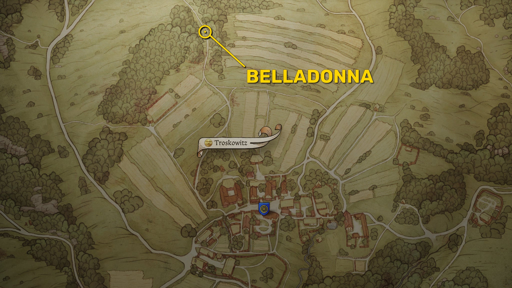 Part of the Trosky map in Kingdom Come: Deliverance 2, with the location of some Belladonna marked in yellow. - 6
