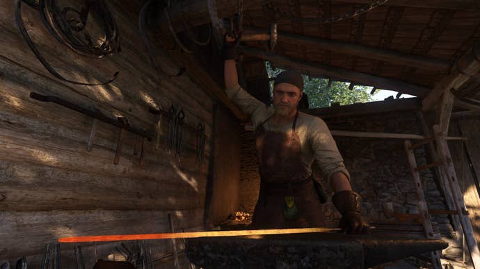 Blacksmith Radovan forges a sword in Kingdom Come: Deliverance 2.