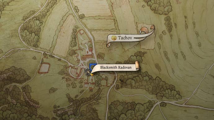 Part of the Kingdom Come: Deliverance 2 map centred on Blacksmith Radovan’s location in Tachov.