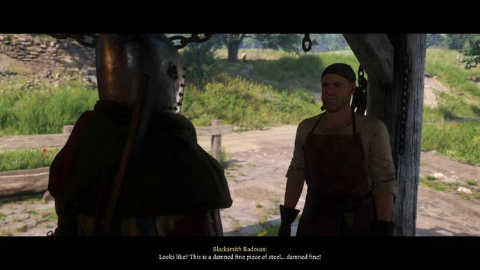 Henry speaks to Blacksmith Radovan at his forge in Kingdom Come: Deliverance 2.