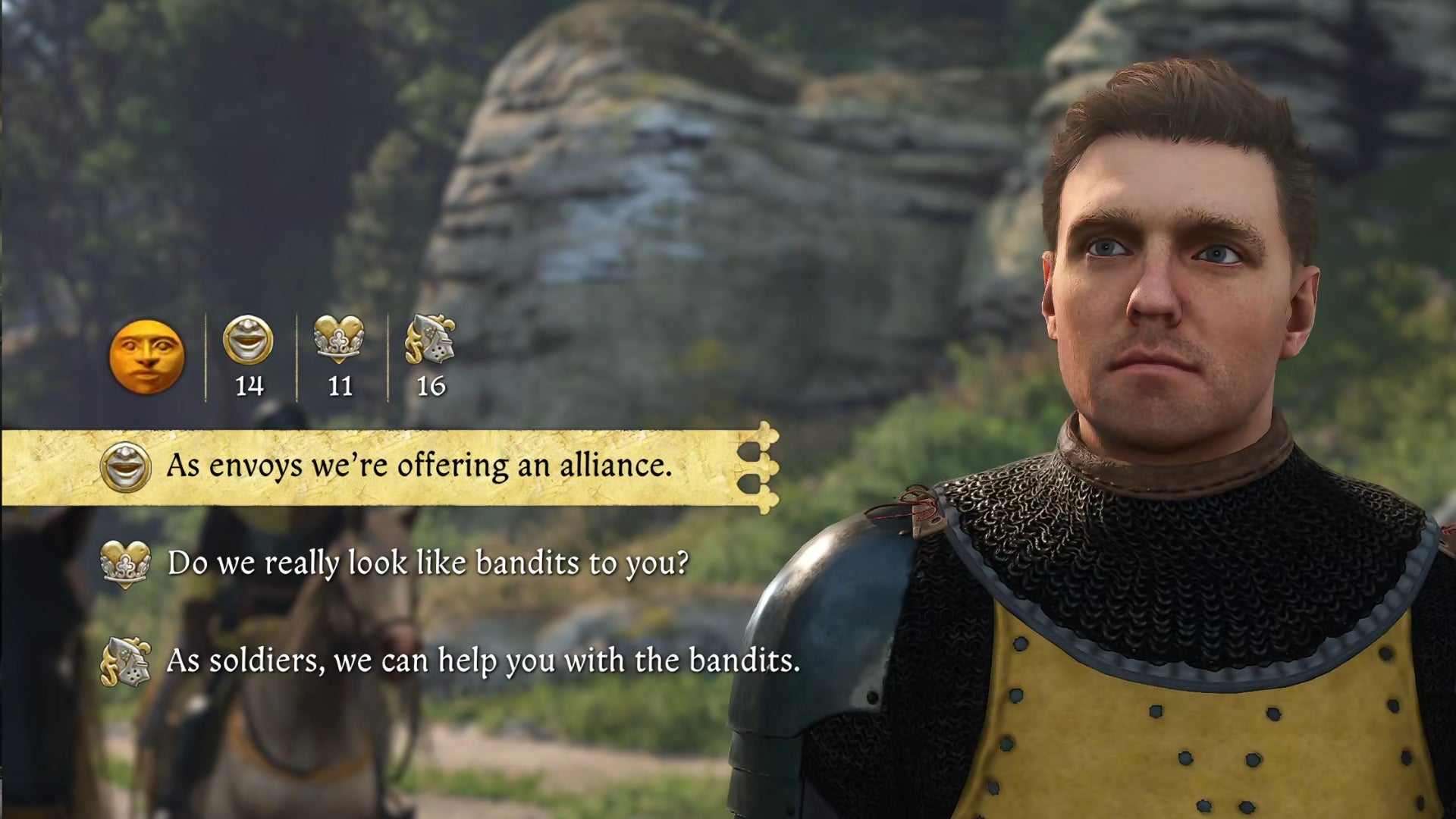 A close-up of Henry in Kingdom Come: Deliverance 2 as the player chooses between three dialogue skill check options. - 5