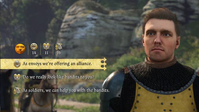 A close-up of Henry in Kingdom Come: Deliverance 2 as the player chooses between three dialogue skill check options.