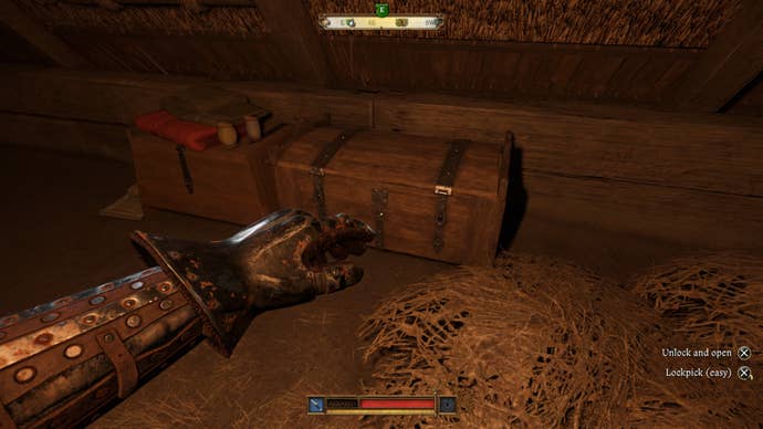 Henry sneaked towards the box containing Miller's clothes in Kingdom Come Deliverance 2.