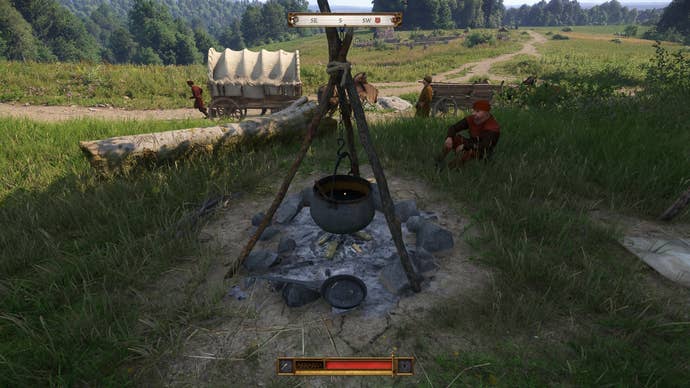 Henry looking at an empty cookpot at a camp in Kingdom Come Deliverance 2