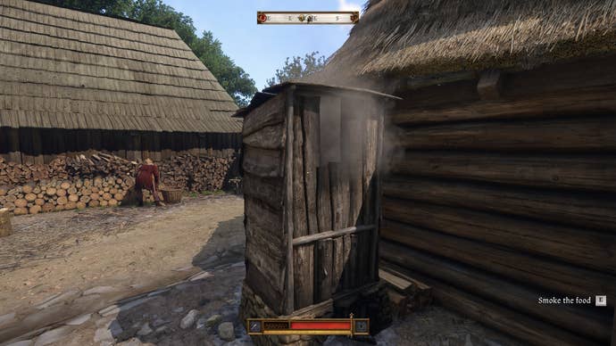 A full smokehouse in Kingdom Come Deliverance 2, which looks like an outhouse, except smoke it coming from it