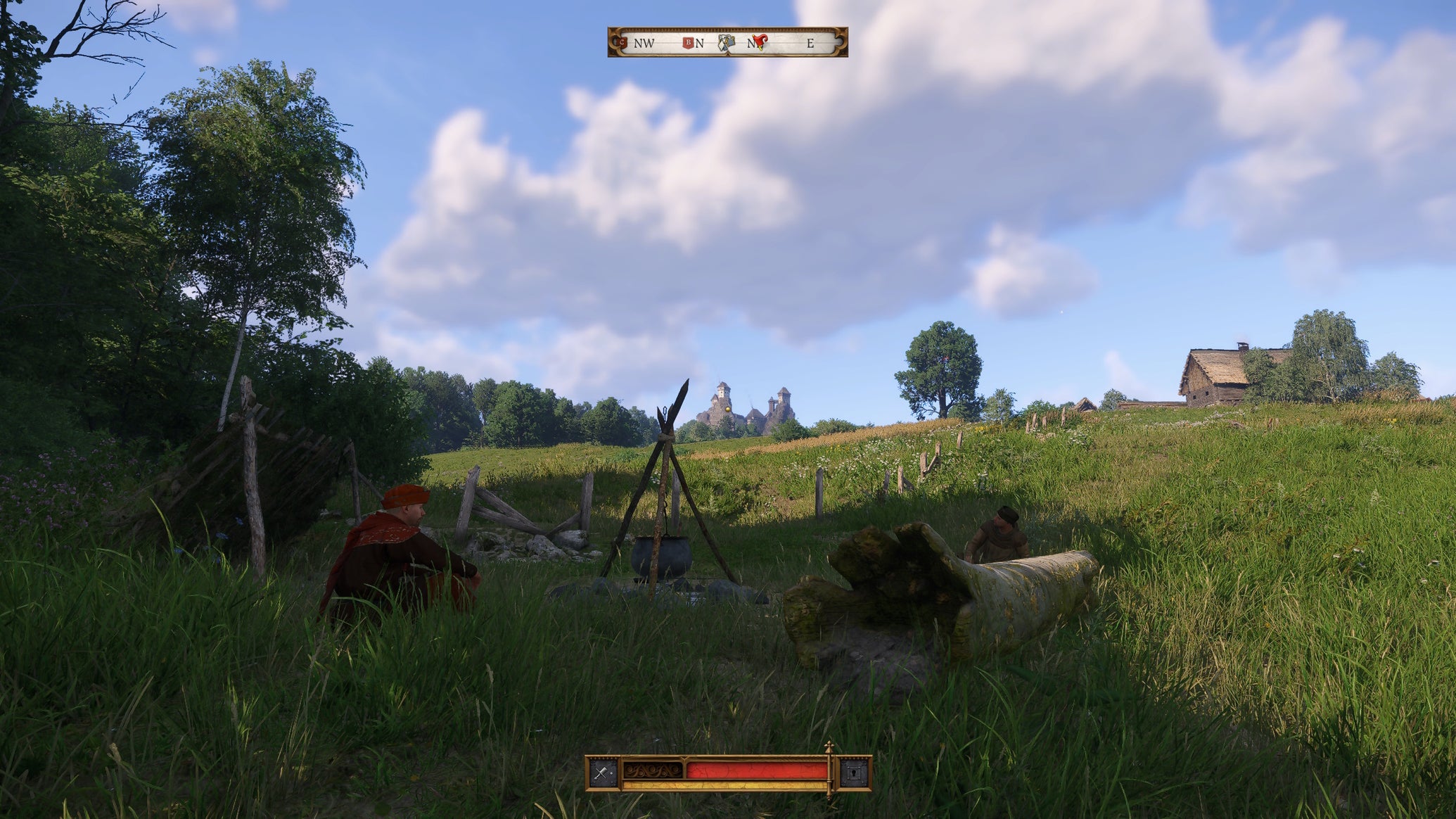 A cookpot at a campsite in Kingdom Come Deliverance 2, surrounded by jolly masons - 1