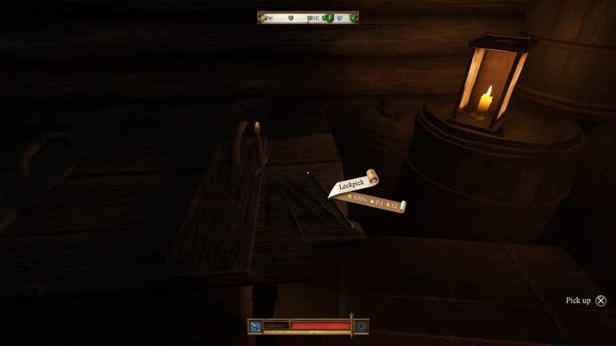 A stiletto dagger stuck into a workbench in Kingdom Come Deliverance 2.