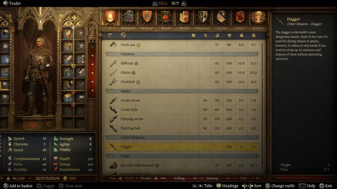 A dagger for sale in the shop inventory of the blacksmith in Kingdom Come Deliverance 2.