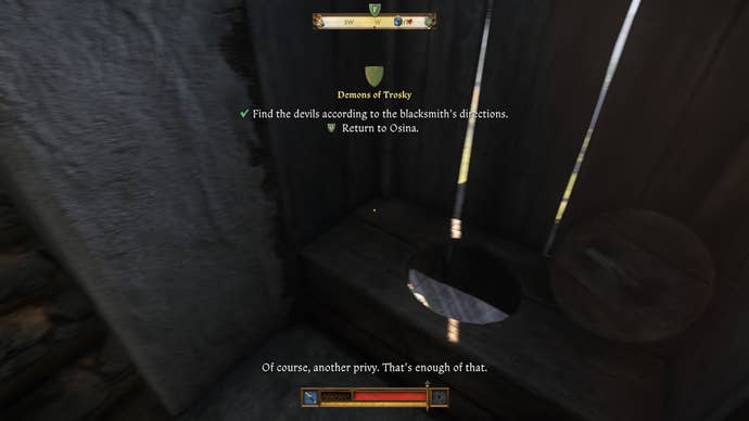 Henry looking for demons inside a privy during the Demons of Trosky quest in Kingdom Come Deliverance 2.