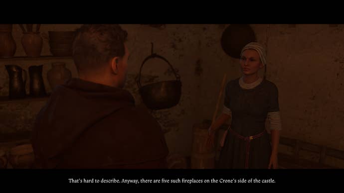 Henry discussing demons with the Maiden side cook during the Demons of Trosky quest in Kingdom Come Deliverance 2.