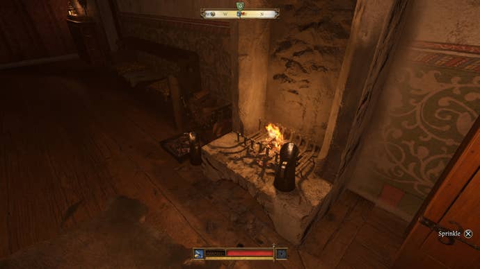 Henry sprinkling holy water on a fireplace on the Maiden side of Trosky Castle during the Demons of Trosky quest in Kingdom Come Deliverance 2.