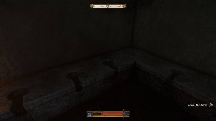 Henry investigating a privy for the blacksmith during the Demons of Trosky quest in Kingdom Come Deliverance 2.