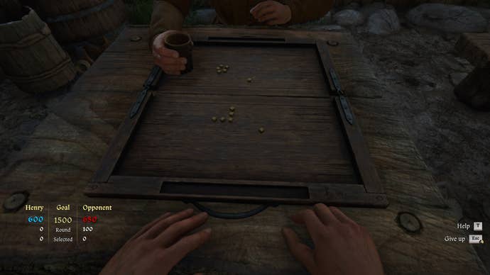 The player in Kingdom Come: Deliverance 2 sits at a dice board and waits for their opponent to roll.
