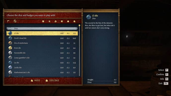 The player in Kingdom Come: Deliverance 2 selects their chosen dice from a list before a game of Dice.