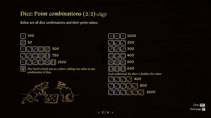 The dice scores tutorial screen in Kingdom Come: Deliverance 2.