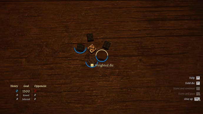 The player in Kingdom Come: Deliverance 2 looks down at their dice during a Dice game.