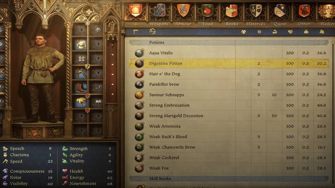 A shop menu showing digestive potions for sale in Kingdom Come Deliverance 2