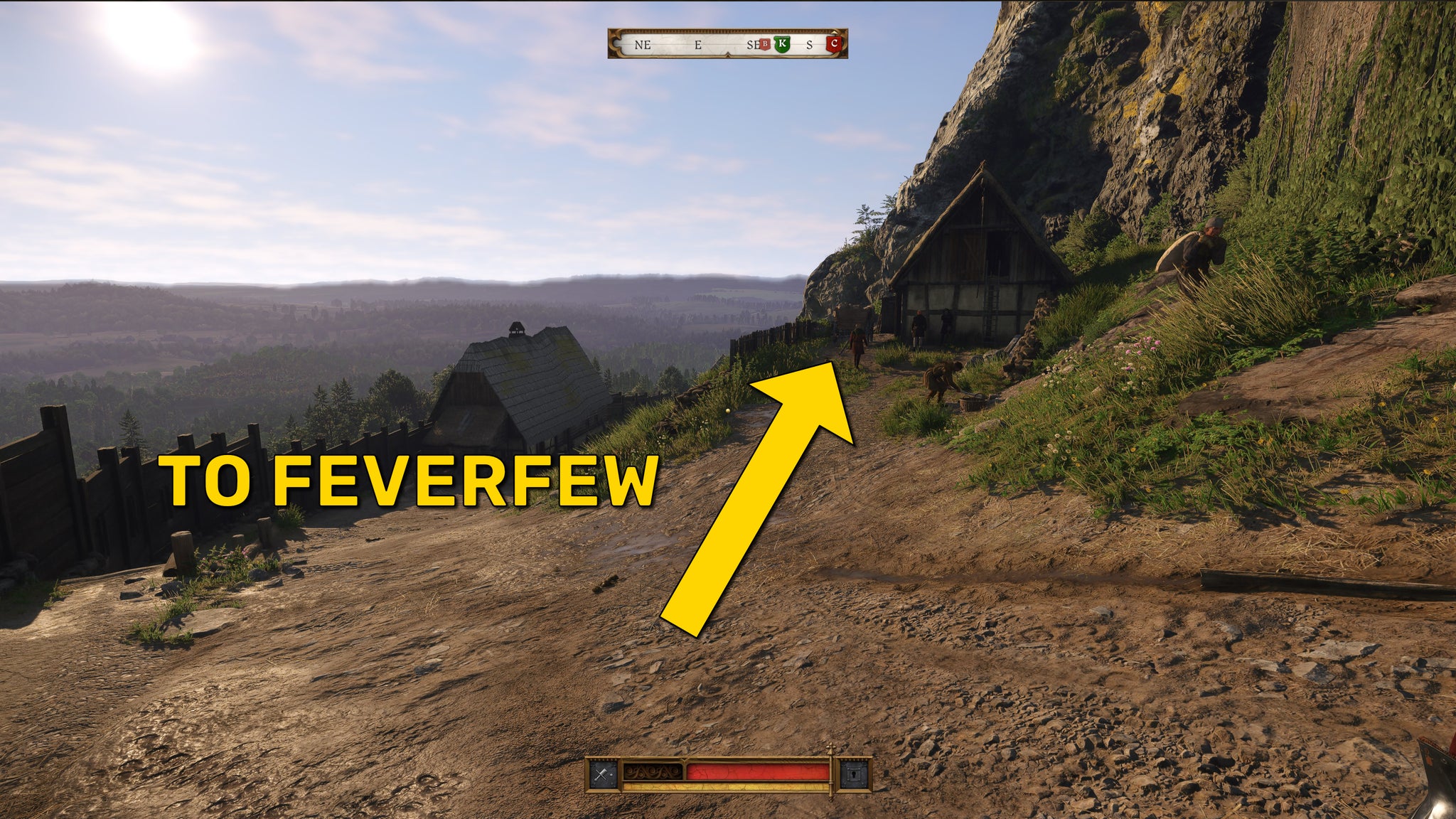 The player in Kingdom Come: Deliverance 2 heads towards a barn in Trosky Castle. The direction towards some Feverfew is marked in yellow. - 17