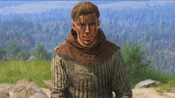 Hans, a key character in Kingdom Come: Deliverance 2, looks absently towards the camera while covered in excrement.