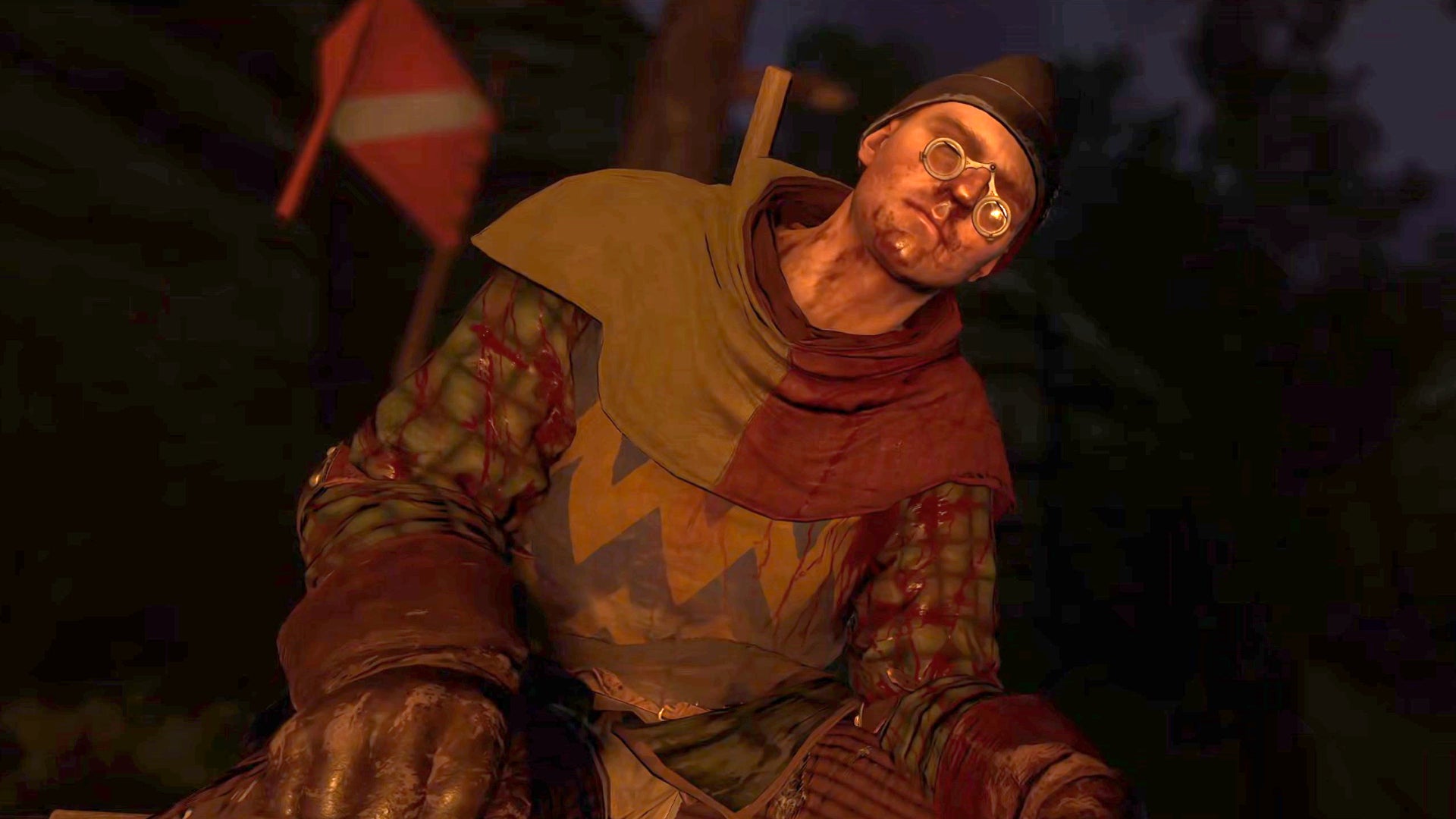 A very drunk Henry, wearing a funny hat and spectacles, engages in conversation during a nighttime cutscene in Kingdom Come: Deliverance 2. - 1