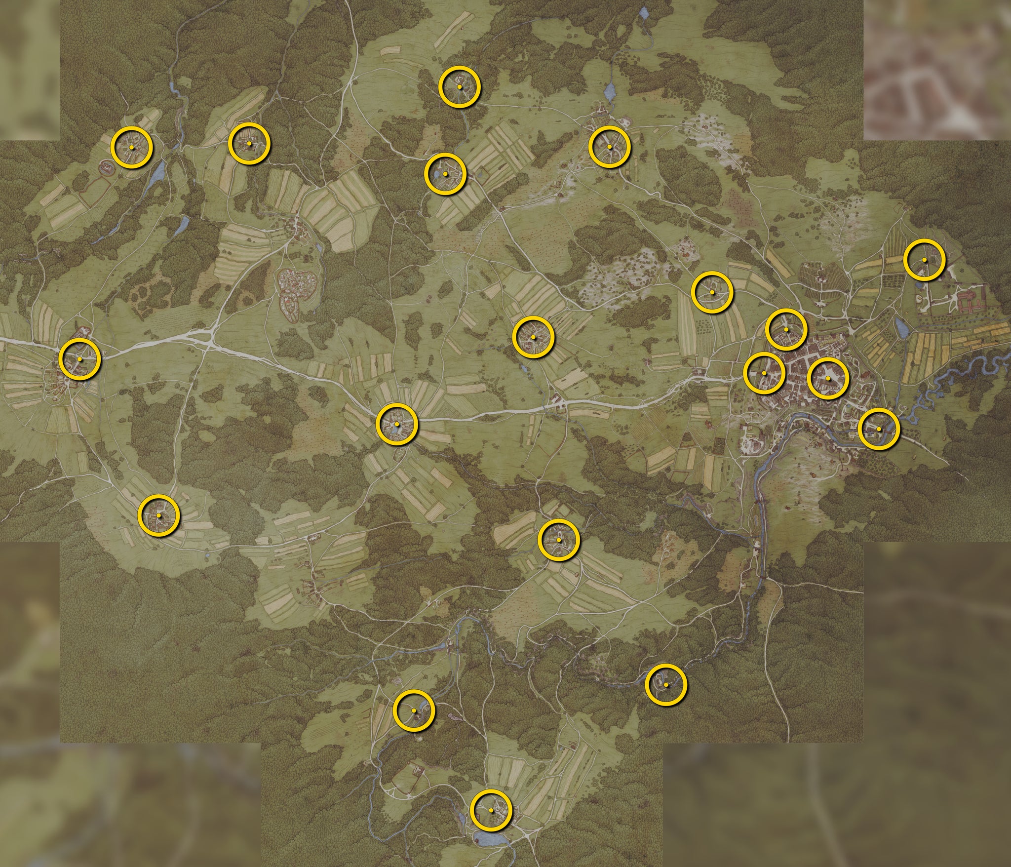 The full map of Kuttenberg in Kingdom Come: Deliverance 2, with the locations of all Fast Travel points marked with a yellow circle. - 4
