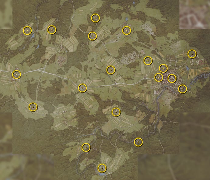 El mapa completo de Kuttenberg en Kingdom Come: Deliverance 2, con las ubicaciones de todos los puntos de viaje rápidos marcados con un círculo amarillo.