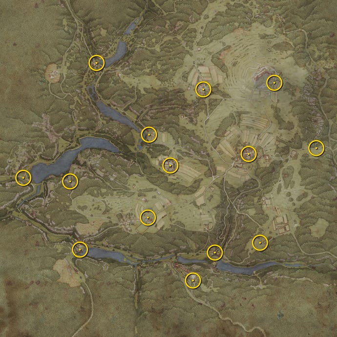 El mapa completo de Trosky en Kingdom Come: Deliverance 2, con las ubicaciones de todos los puntos de viaje rápidos marcados con un círculo amarillo.
