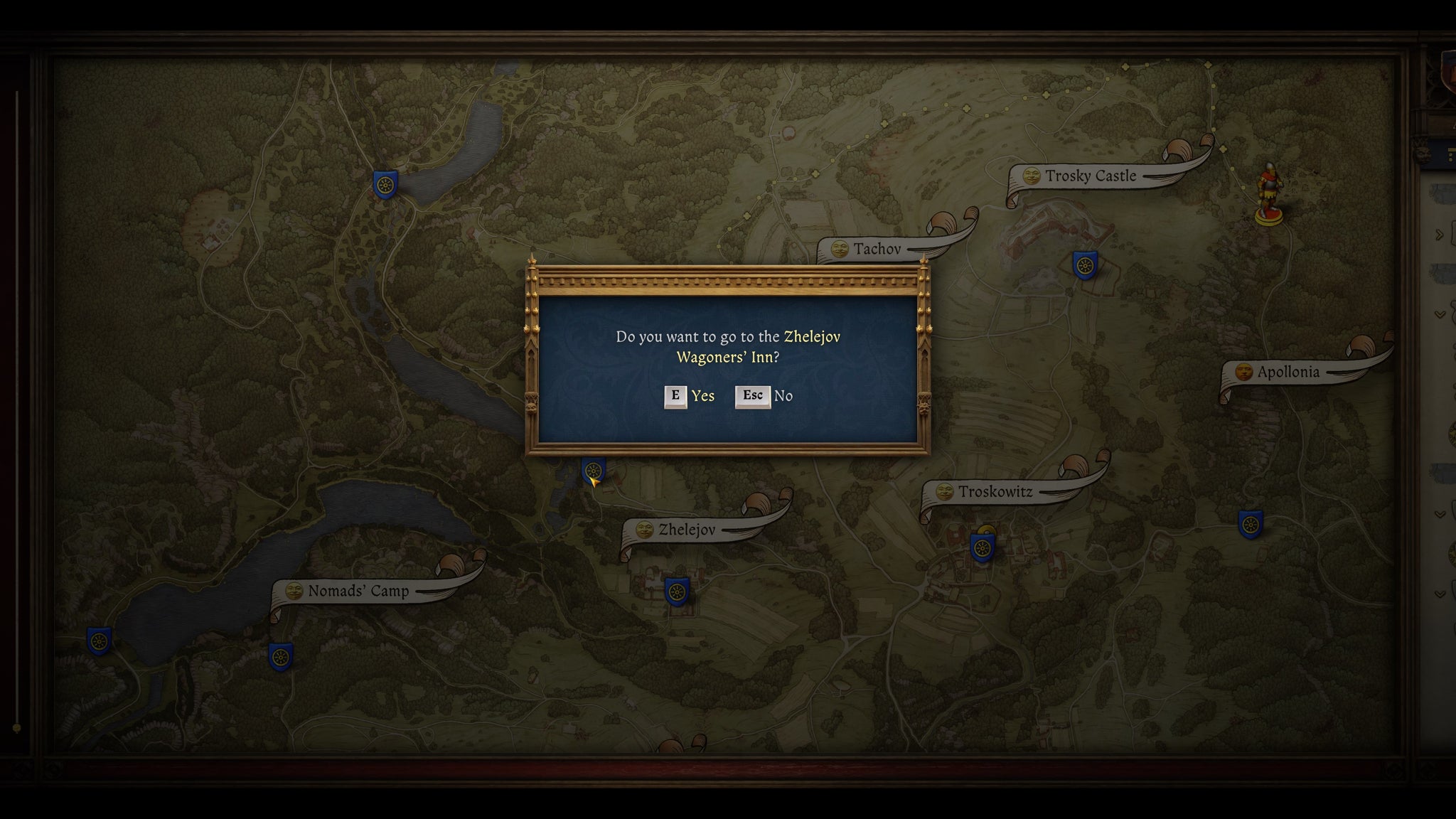The player in Kingdom Come: Deliverance 2 selects a place on the map to begin fast travel. - 5