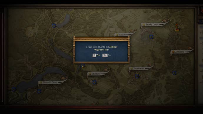The player in Kingdom Come: Deliverance 2 selects a place on the map to begin fast travel.