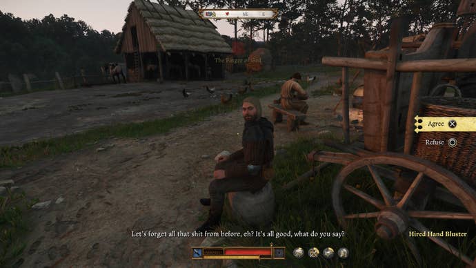 Henry loading sacks onto a cart for the hired hand, Bluster, during the Finger of God quest in Kingdom Come Deliverance 2.