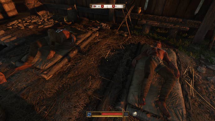Henry treating the wounded soldier Kozliek during the Finger of God quest in Kingdom Come Deliverance 2.