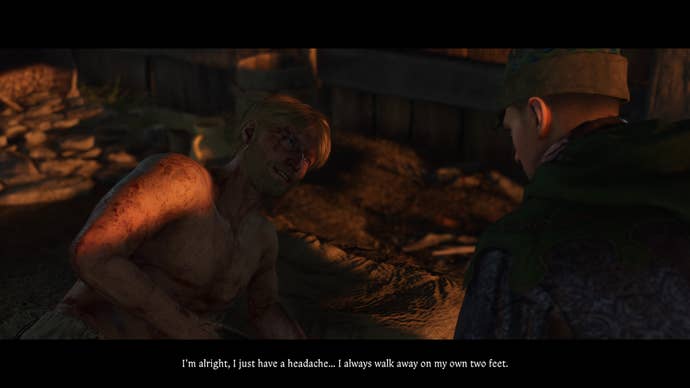 Henry treating the wounded soldier Mark during the Finger of God quest in Kingdom Come Deliverance 2.