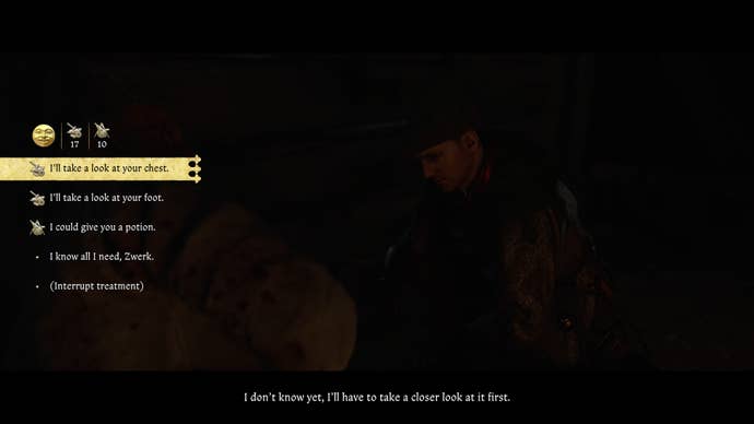 Henry examining the wounded soldier Zwerk during the Finger of God quest in Kingdom Come Deliverance 2.