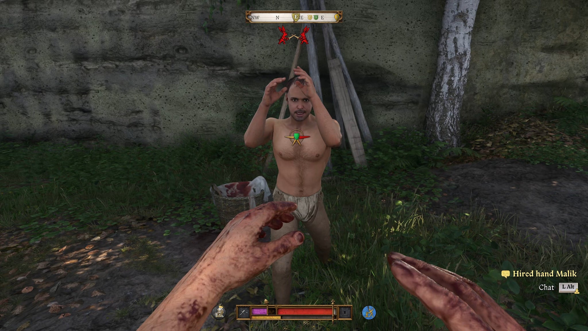 The player in Kingdom Come: Deliverance 2 engages in a shirtless fistfight outdoors with an NPC. - 13